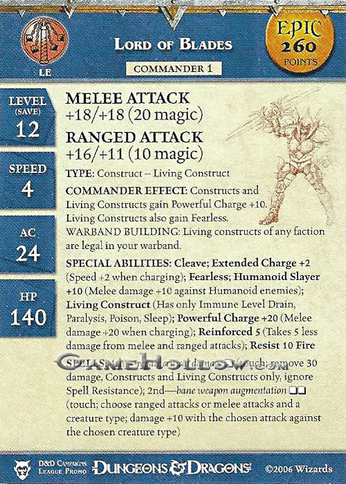 D&D Miniatures Blood War Stat Card Promo Lord of Blades EPIC (Blood War 39)
