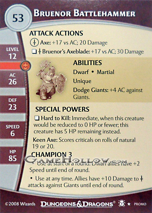 D&D Miniatures Promo Figures, EPIC Cards Stat Card Promo Bruenor Battlehammer 2.0 (Desert of Desolation 10)