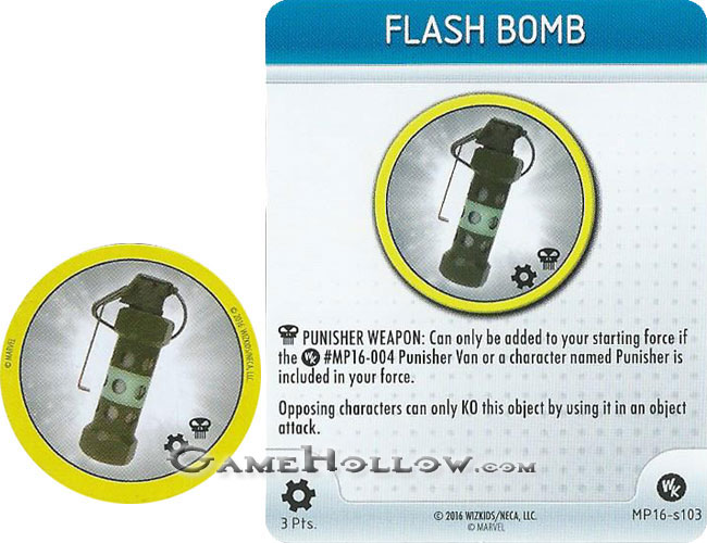 Heroclix Convention Exclusive Promos  Punisher token Flash Bomb SR Chase, MP16-S103 weapon