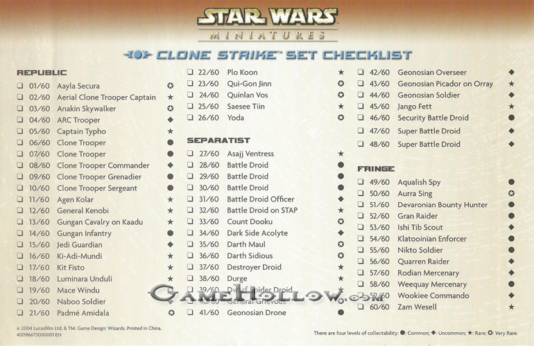 Star Wars Miniatures Maps, Tiles & Missions Checklist Clone Strike