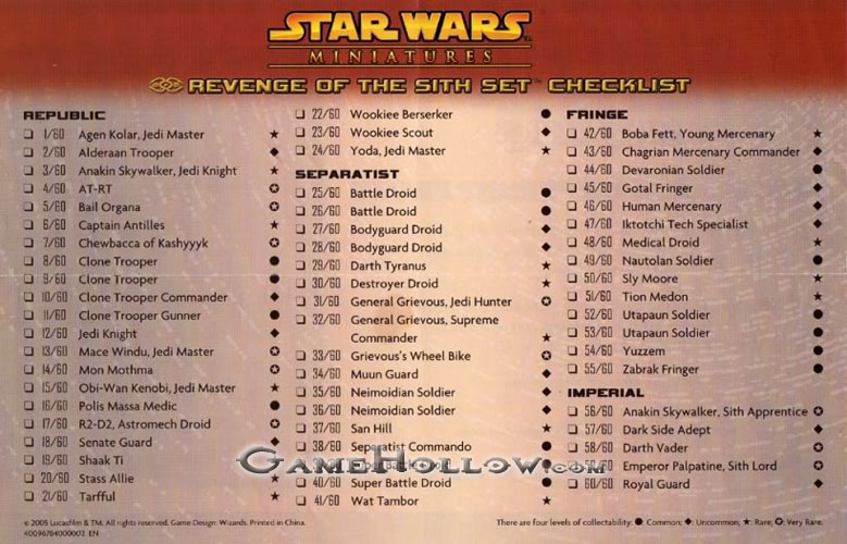 Star Wars Miniatures Maps, Tiles & Missions Checklist Revenge of the Sith