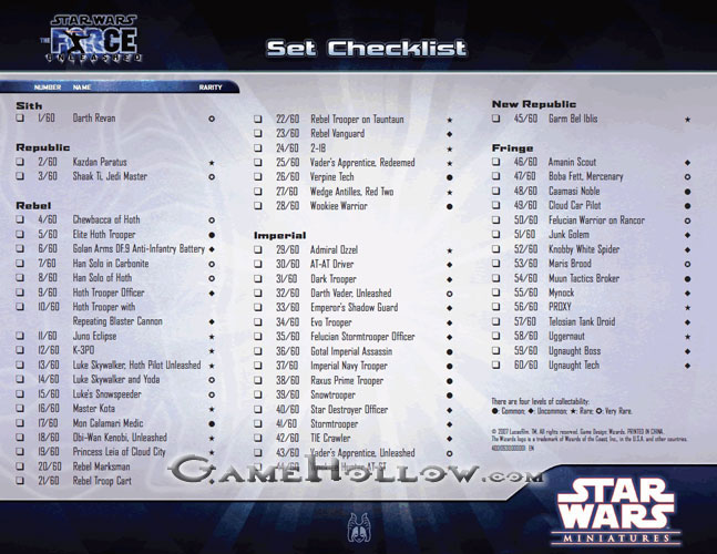 Star Wars Miniatures Maps, Tiles & Missions Checklist Force Unleashed and Rules