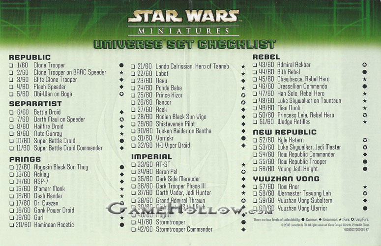 Star Wars Miniatures Maps, Tiles & Missions Checklist Universe and Rules